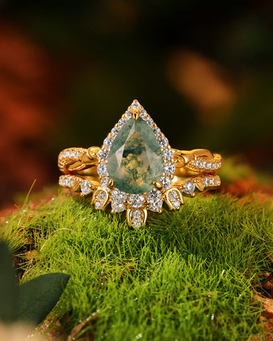 ANTHEA Secret Garden Pear Cut Moss Agate Flower Inspired Bridal Set 2pcs