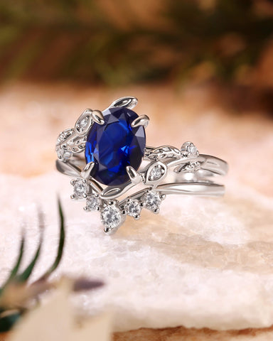 FLORENCE Oval Cut Blue Sapphire Flower Leafy Engagement Ring Set 2pcs