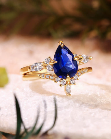 LORRAINE Pear Cut Blue Sapphire Vintage Bridal Set 2pcs