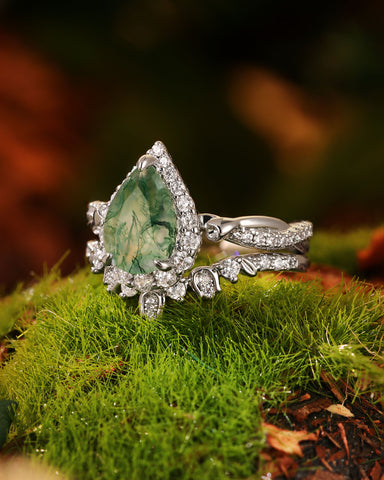 ANTHEA Secret Garden Pear Cut Moss Agate Flower Inspired Bridal Set 2pcs