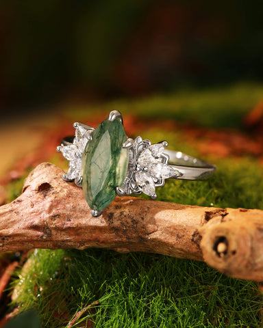 MONIQUE Forest Fairy Marquise Cut Moss Agate Cluster Engagement Ring