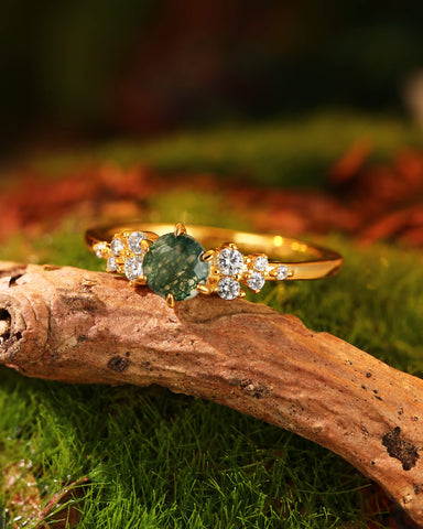 PINE Round Cut Cluster Moss Agate Engagement Ring