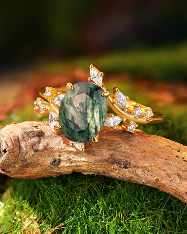 ODESSA Natural Oval Moss Agate Bypass Leaf Engagement Ring
