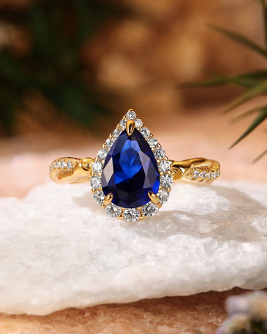 BLUEBELL Floral Inspired Pear Cut Blue Sapphire Halo Engagement Ring