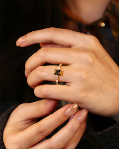 PEYTON Emerald Cut Moss Agate Promise Ring With Marquise Accents