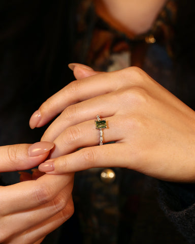 PEYTON Emerald Cut Moss Agate Promise Ring With Marquise Accents