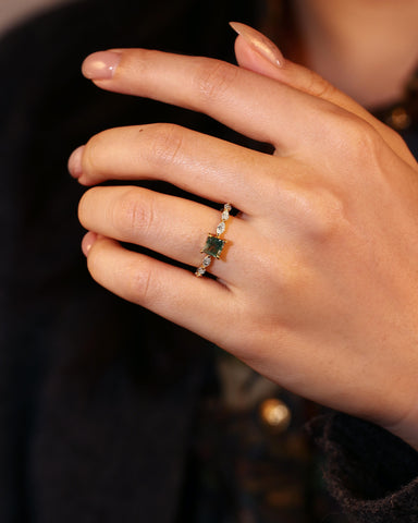 ELOWEN Square Shaped Moss Agate Promise Ring Nature Inspired Engagement Ring