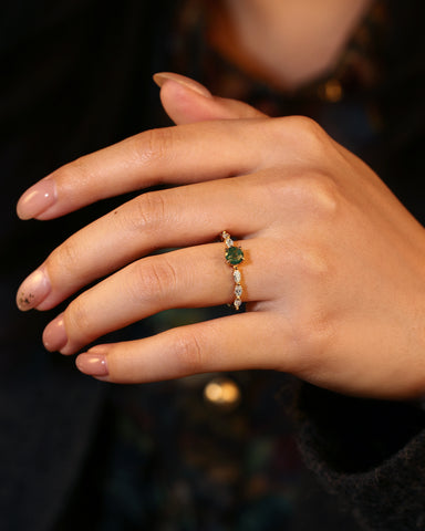 ONA Round Shaped Moss Agate Marquise Engagement Ring