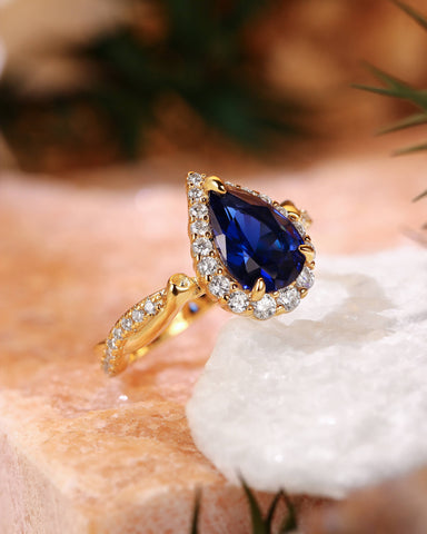 BLUEBELL Floral Inspired Pear Cut Blue Sapphire Halo Engagement Ring