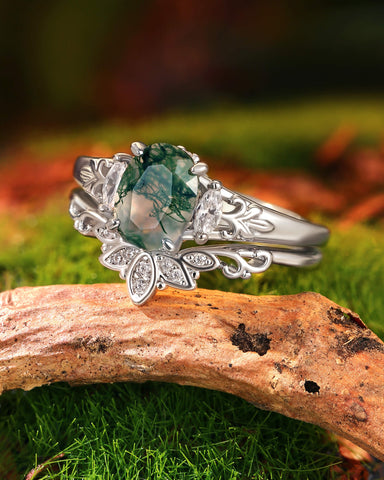 LOUISA Oval Shaped Moss Agate lotus Flower Engagement Ring Set