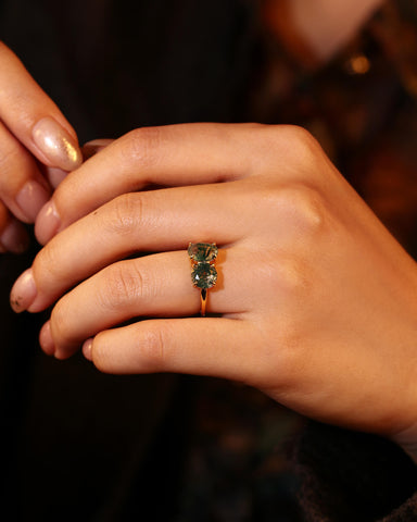 ROSVELN Nature Inspired Round & Oval Cut Moss Agate Toi Et Moi Alternative Engagement Ring