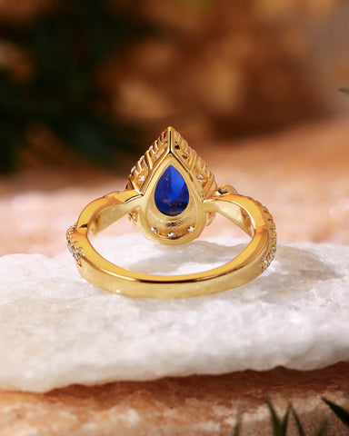 BLUEBELL Floral Inspired Pear Cut Blue Sapphire Halo Engagement Ring