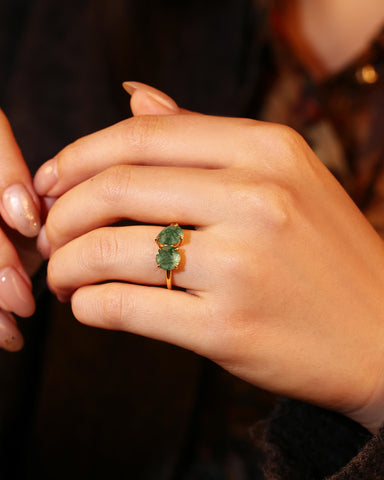 ELRIAN Nature Inspired Toi Et Moi Ring Round & Pear Cut Moss Agate Two Stone Ring