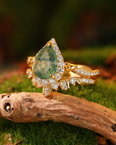 ANTHEA Secret Garden Pear Cut Moss Agate Flower Inspired Bridal Set 2pcs