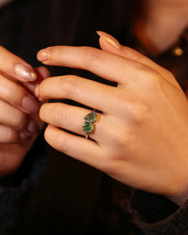 ELRIAN Nature Inspired Toi Et Moi Ring Round & Pear Cut Moss Agate Two Stone Ring