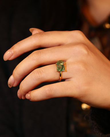 ACACIA Emerald & Pear Shaped Two Stone Ring Unique Moss Agate Toi Et Moi Engagement Ring