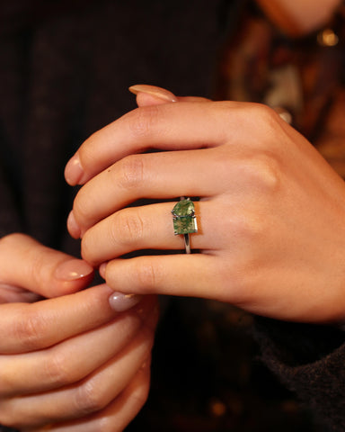 ACACIA Emerald & Pear Shaped Two Stone Ring Unique Moss Agate Toi Et Moi Engagement Ring
