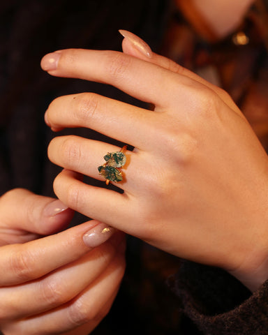 SILAS Marquise & Pear Moss Agate Two Stone Engagement Ring Unique Toi Et Moi Ring