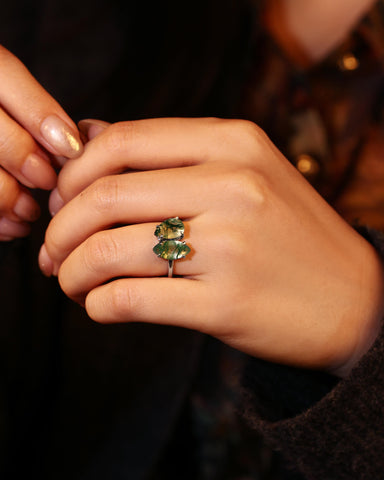 SILAS Marquise & Pear Moss Agate Two Stone Engagement Ring Unique Toi Et Moi Ring