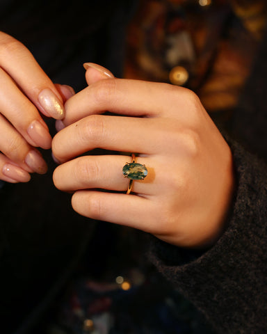 LUMENIS Oval Moss Agate Solitaire Engagement Ring