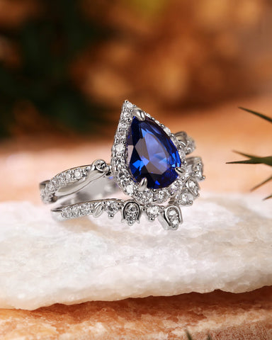 BLUEBELL Floral Inspired Pear Cut Blue Sapphire Engagement Ring Set