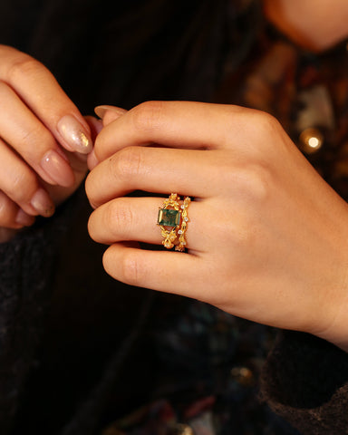 TELOS Emerald Cut Moss Agate Leafy Engagement Ring Set