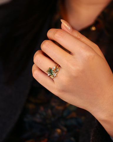 GRACE Emerald Cut Moss Agate and Moissanite Engagement Ring Set