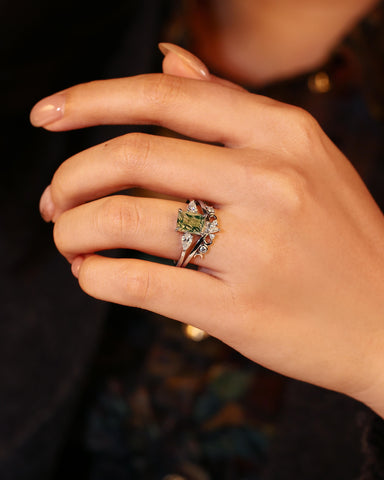 GRACE Emerald Cut Moss Agate and Moissanite Engagement Ring Set