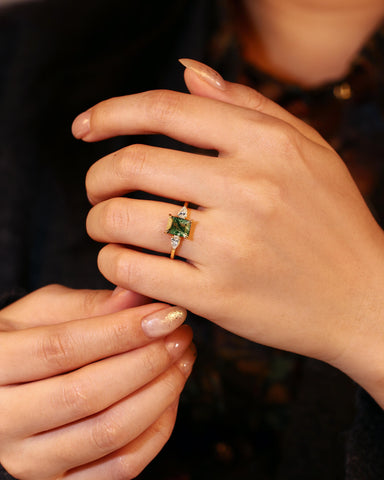 CHLOE Emerald Cut Moss Agate Engagement Ring Three Stones Ring