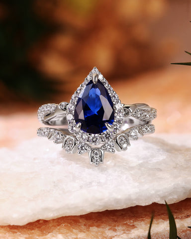 BLUEBELL Floral Inspired Pear Cut Blue Sapphire Engagement Ring Set