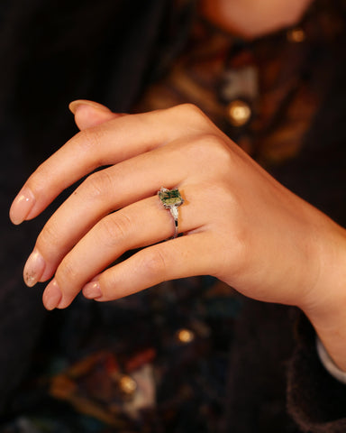 CHLOE Emerald Cut Moss Agate Engagement Ring Three Stones Ring