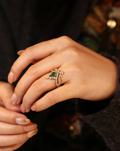 CEDRELLA Unique Art Deco Curved Halo Wedding Ring Kite Cut Moss Agate Engagement Ring set