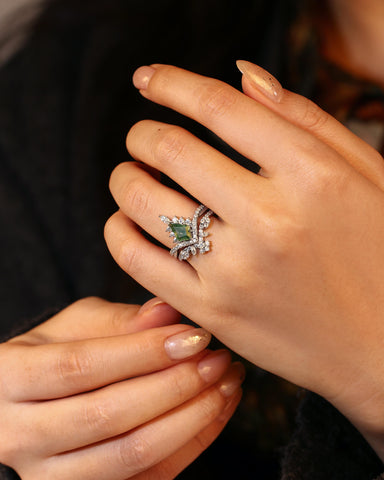 CEDRELLA Unique Art Deco Curved Halo Wedding Ring Kite Cut Moss Agate Engagement Ring set