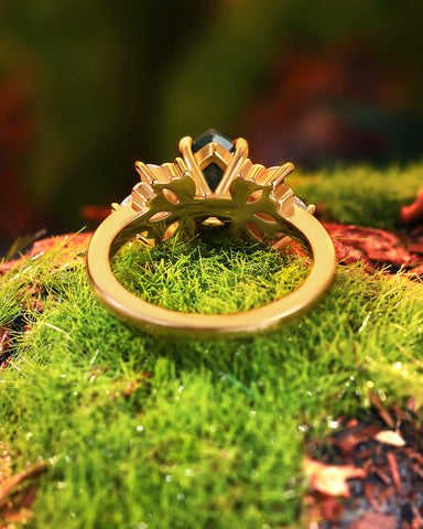 BRYNN Pear Cut Moss Agate Cluster Leafy Engagement Ring