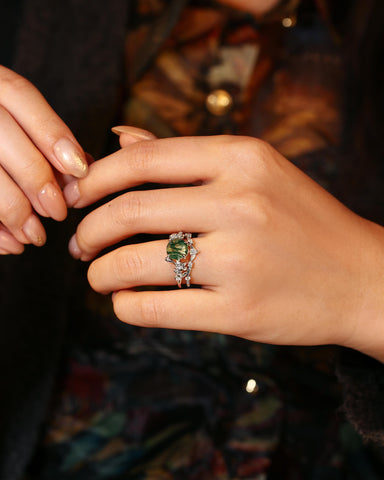 MANDORA Round Cut Moss Agate Leafy Engagement Ring Set 2pcs