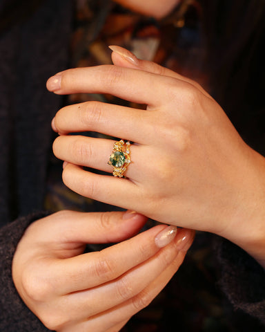 MANDORA Round Cut Moss Agate Leafy Engagement Ring Set 2pcs