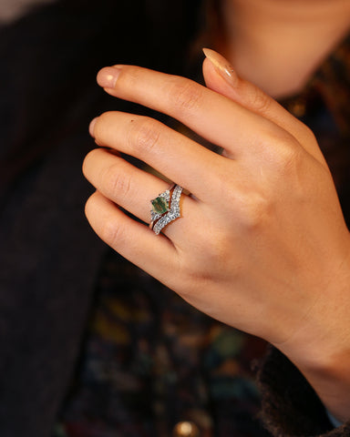 FINIS Vintage Hexagon Cut Moss Agate Engagement Ring Set