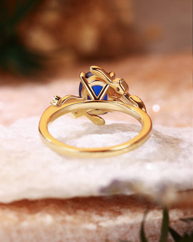 FLORENCE Oval Cut Blue Sapphire Flower & Leafy Engagement Ring
