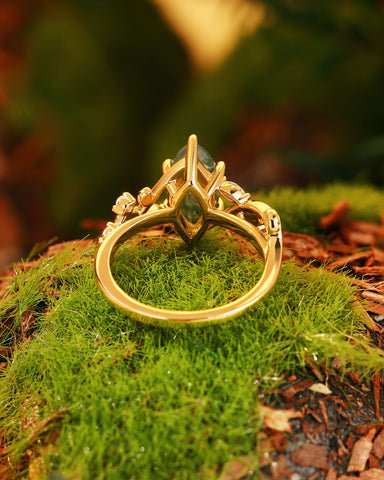 MARCELLA Nature Inspired Marquise Moss Agate Leafy Twist Engagement Ring