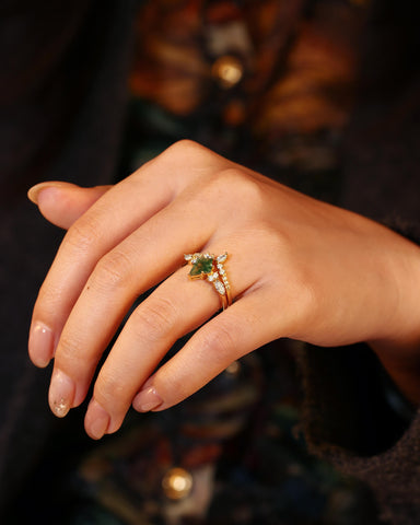 FIRANO Vintage Kite Shaped Moss Agate and Diamond Engagement Ring Set