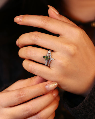 FIRANO Vintage Kite Shaped Moss Agate and Diamond Engagement Ring Set