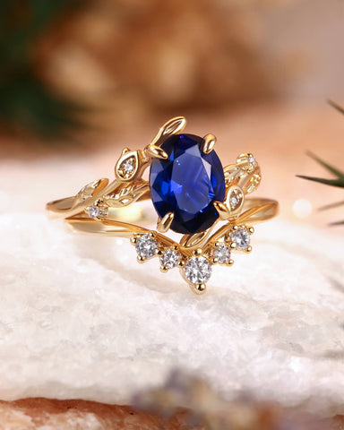 FLORENCE Oval Cut Blue Sapphire Flower Leafy Engagement Ring Set 2pcs