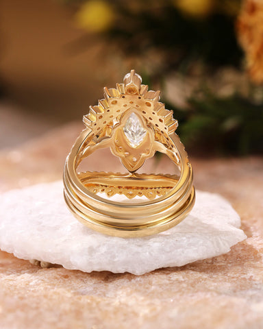 JUNO Vintage Marquise Cut Moissanite Halo Engagement Ring Set 3PCS