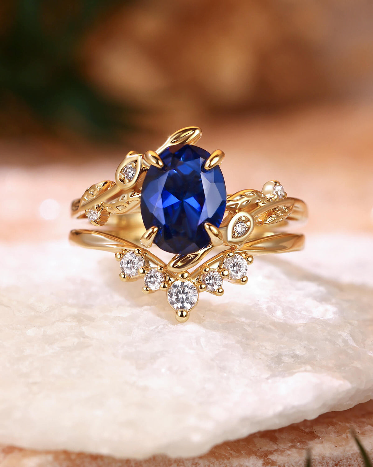 FLORENCE Oval Cut Blue Sapphire Flower Leafy Engagement Ring Set 2pcs