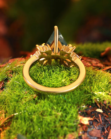 KALEA  Wind Fairy Kite Cut Moss Agate Cluster Leafy Engagement Ring