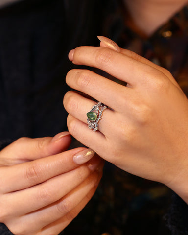 RAINA Pear Shaped Moss Agate Engagement Ring Set Nature Inspired Leaf Bridal Ring Set