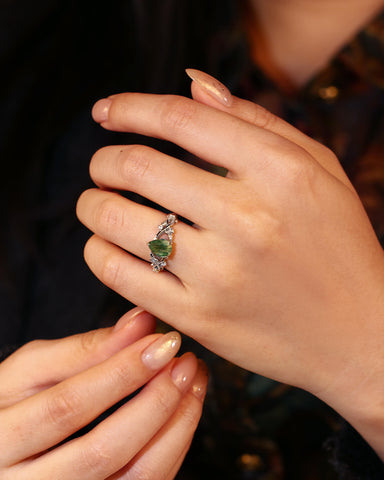 CERYS Nature Inspired Moss Agate Pear Cut Engagement Ring