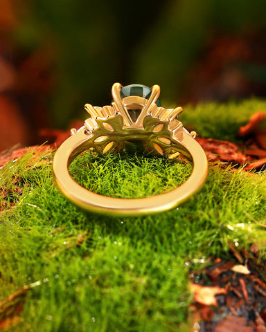 OLEA Oval Cut Moss Agate Cluster Leafy Engagement Ring