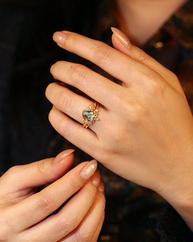 LINSORO Pear Cut Moss Agate and Moissanite Wedding Ring Set Nature Inspired Bridal Ring Set