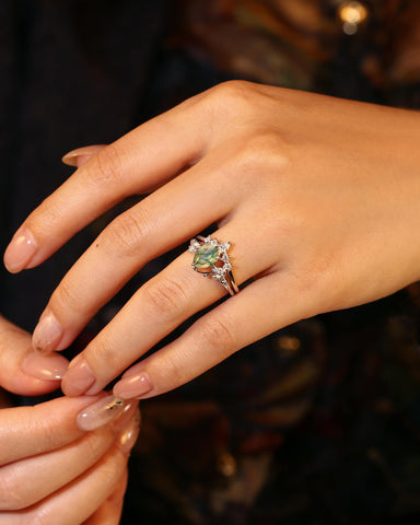 LINSORO Pear Cut Moss Agate and Moissanite Wedding Ring Set Nature Inspired Bridal Ring Set